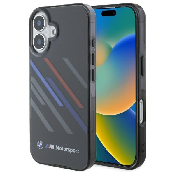 BMW iPhone 16 Plus vāciņš Motorsport IML Random Stripes, melns