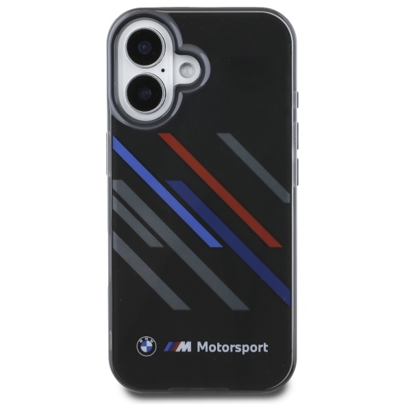 BMW iPhone 16 Plus vāciņš Motorsport IML Random Stripes, melns