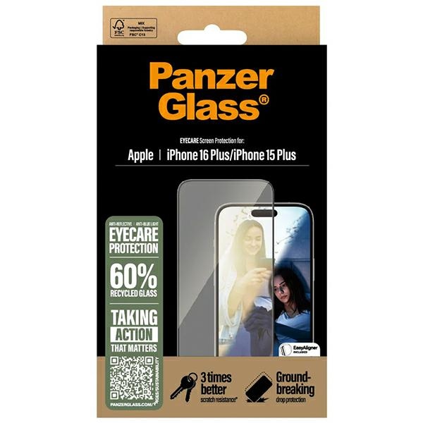 PanzerGlass iPhone 16 Plus ekrāna aizsargstikls EyeCare Ultra-Wide Fit