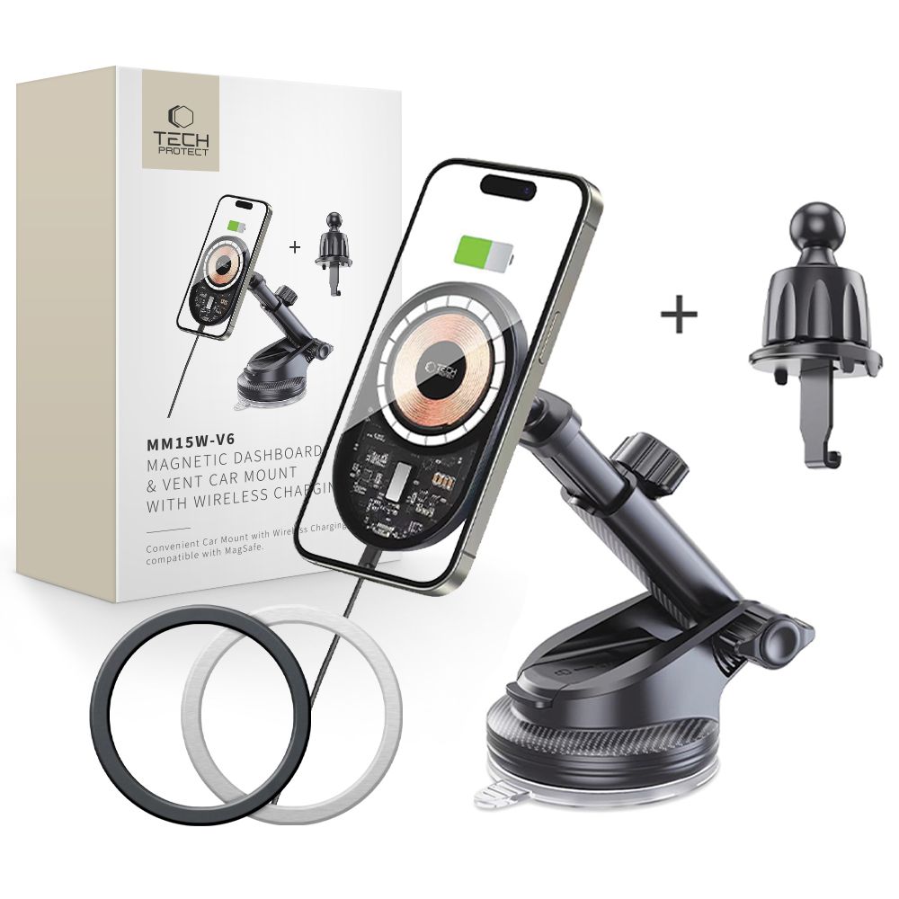 Tech-Protect MM15W-V6 15W MagSafe auto turētājs ar lādētāju, Melns
