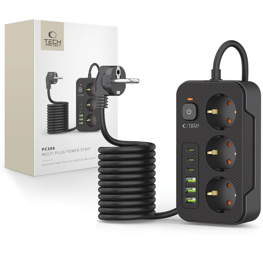 Tech-Protect PC3X6 pagarinātājs ar 3 rozetēm + 3xUSB-A + 3xUSB-C 200cm, melns