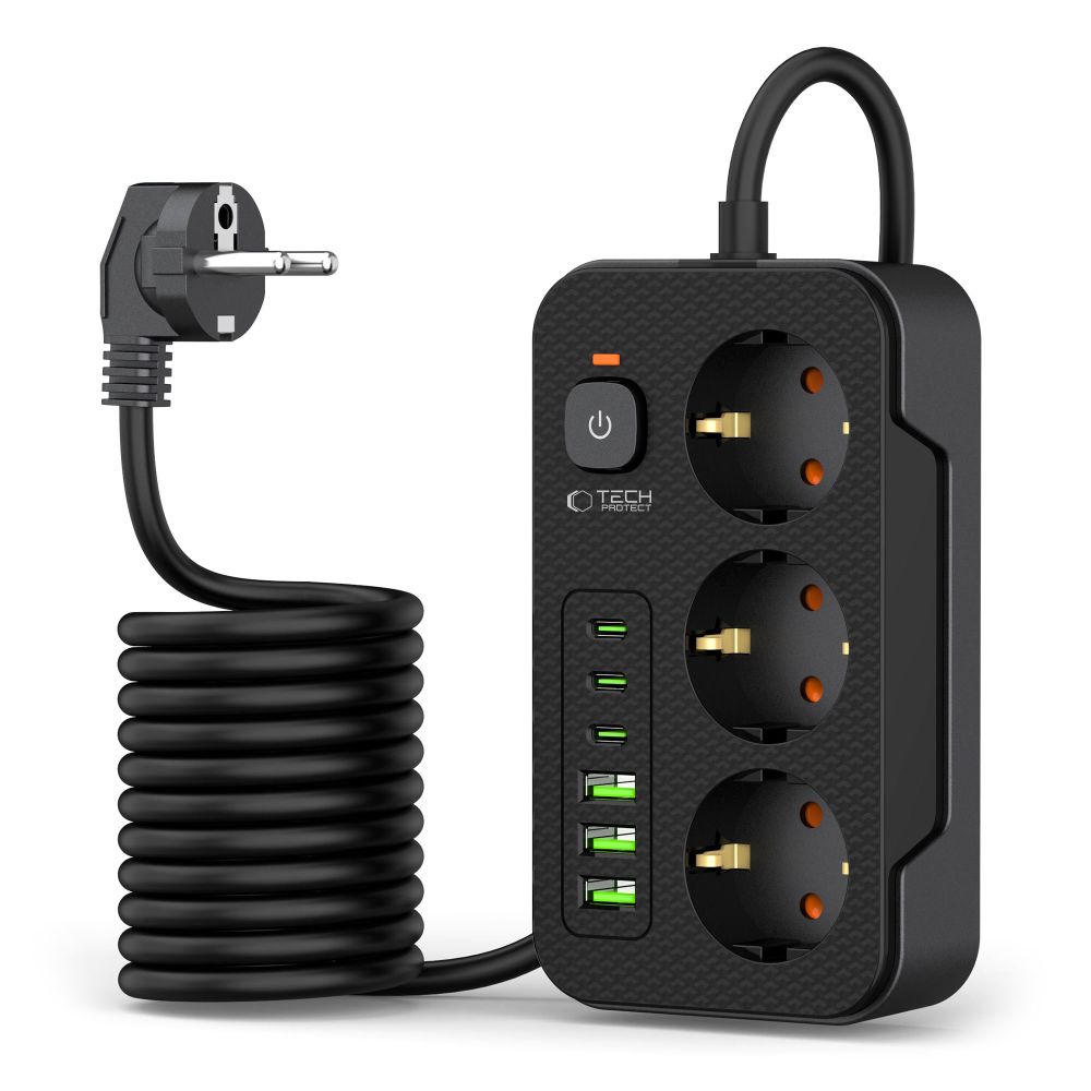 Tech-Protect PC3X6 pagarinātājs ar 3 rozetēm + 3xUSB-A + 3xUSB-C 200cm, melns