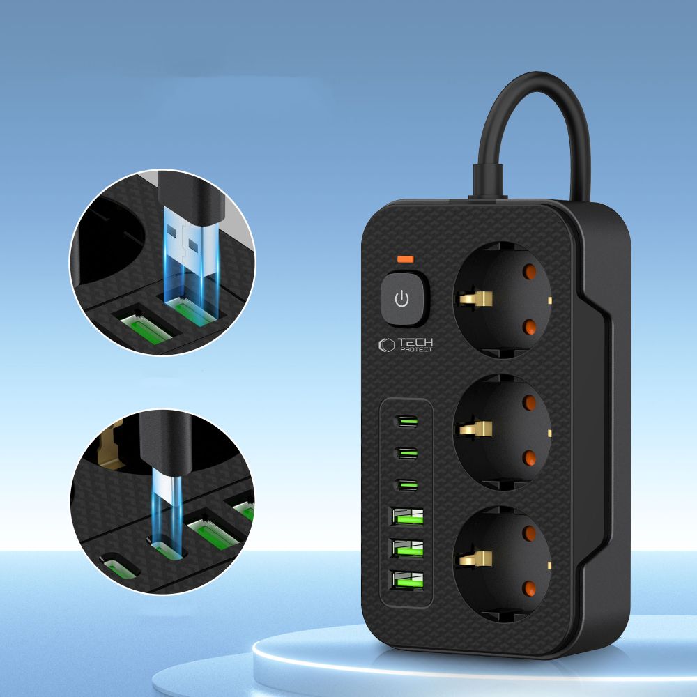 Tech-Protect PC3X6 pagarinātājs ar 3 rozetēm + 3xUSB-A + 3xUSB-C 200cm, melns