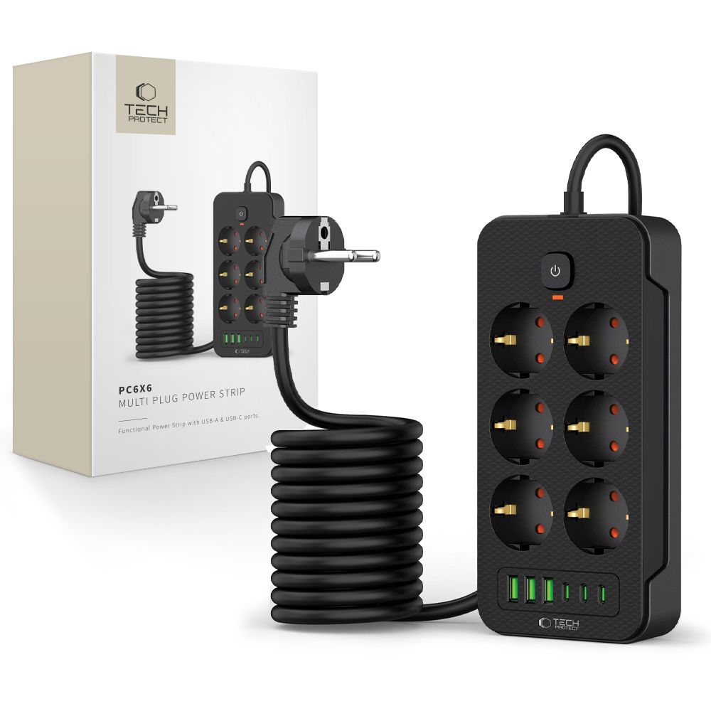 Pagarinātājs Tech-Protect PC6X6 6 Ligzdas 3xUSB-A 3xUSB-C 2m, Melns