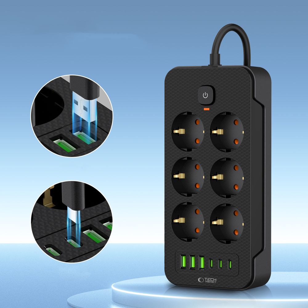 Pagarinātājs Tech-Protect PC6X6 6 Ligzdas 3xUSB-A 3xUSB-C 2m, Melns