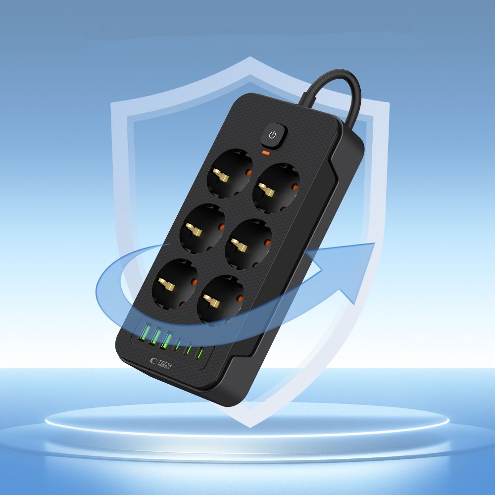 Pagarinātājs Tech-Protect PC6X6 6 Ligzdas 3xUSB-A 3xUSB-C 2m, Melns