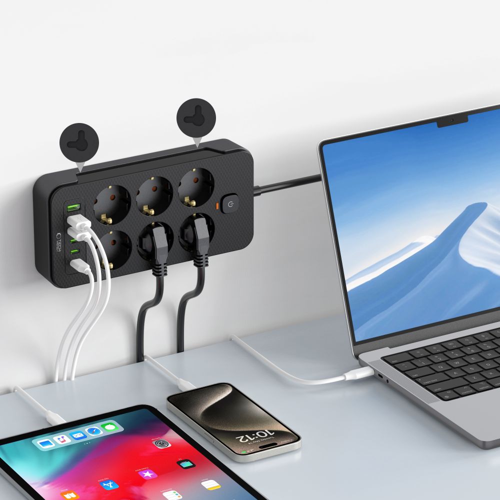 Pagarinātājs Tech-Protect PC6X6 6 Ligzdas 3xUSB-A 3xUSB-C 2m, Melns