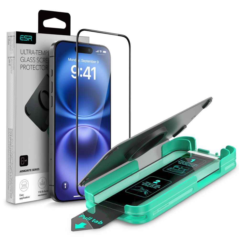 ESR Armorite aizsargstikls iPhone 16, melns rāmis