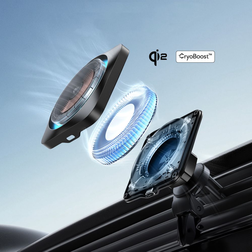 ESR Halolock CryoBoost MagSafe auto turētājs un Qi2 15W lādētājs melns