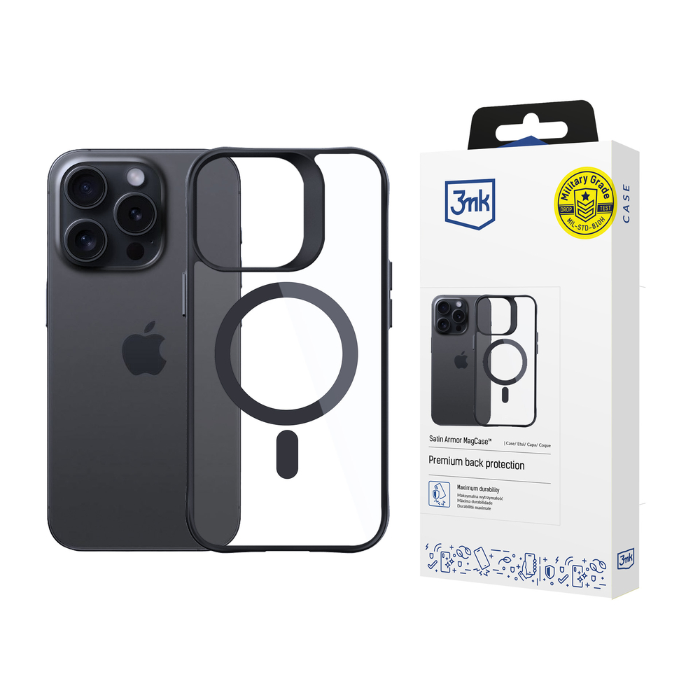 3mk iPhone 14 Pro Max vāciņš Satin Armor MagCase, caurspīdīgs ar melnu rāmi