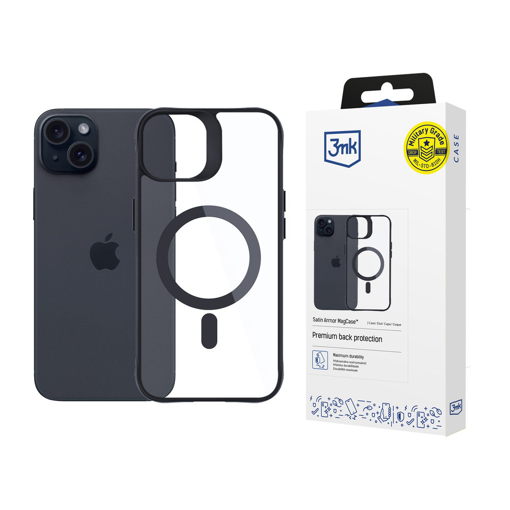 3mk iPhone 15 Plus vāciņš Satin Armor MagCase ar MagSafe, caurspīdīgs ar melnu rāmi