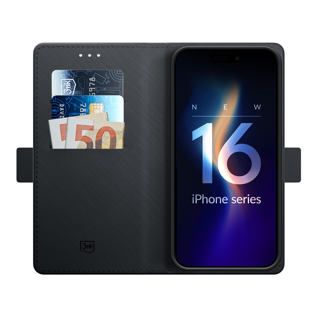 3mk Protection iPhone 16 Plus atverams vāciņš maciņš grāmatiņa Wallet Case, melns