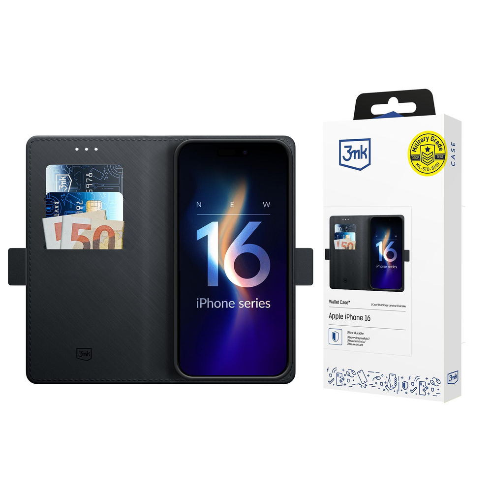 3mk iPhone 16 atverams vāciņš maciņš grāmatiņa Wallet Case, melns
