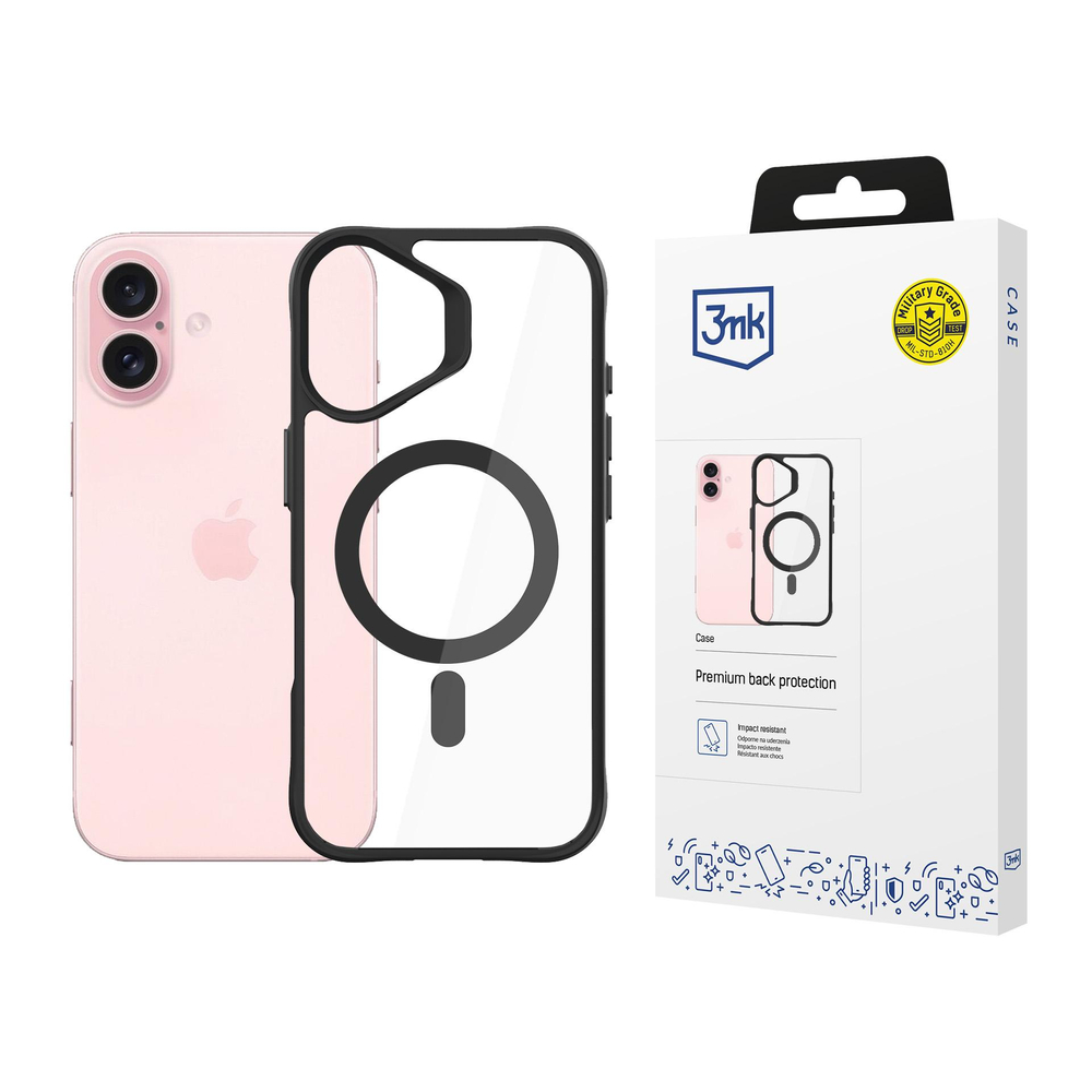 3mk Protection iPhone 16 Plus vāciņš Satin Armor MagCase, caurspīdīgs ar melnu rāmi