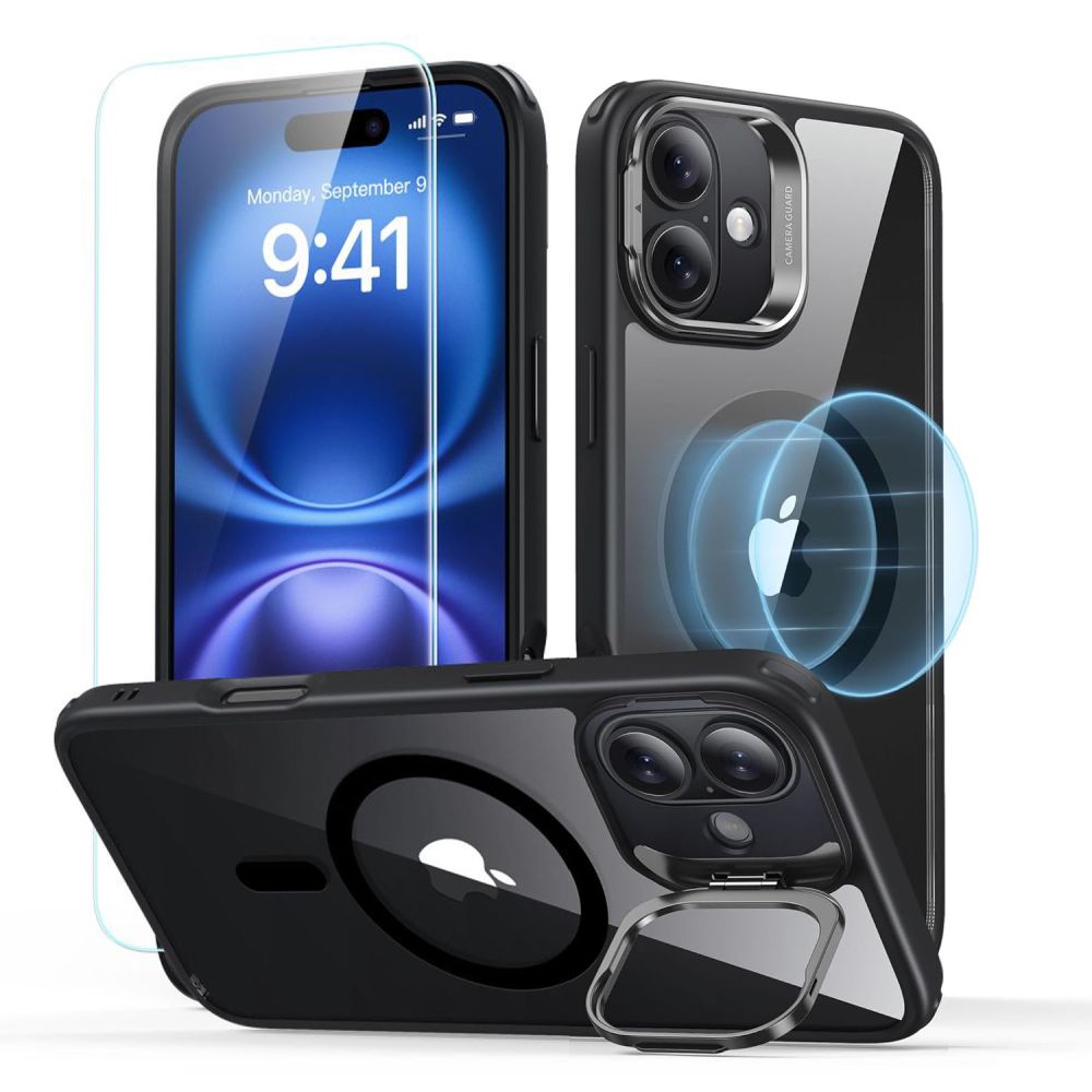 ESR iPhone 16 vāciņš Classic Hybrid Kickstand Halolock MagSafe un stikls, melns