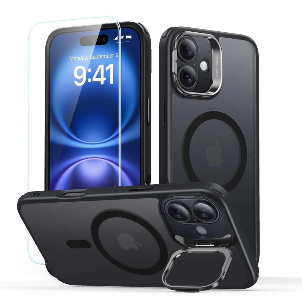 ESR iPhone 16 vāciņš Classic Hybrid Kickstand Halolock MagSafe un stikls, melns
