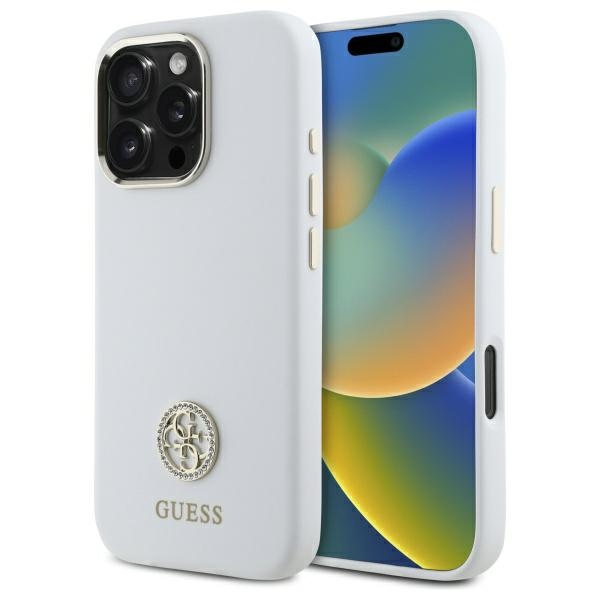Guess iPhone 16 Pro vāciņš Silicone Logo Strass 4G, balts