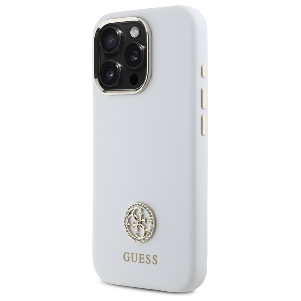 Guess iPhone 16 Pro vāciņš Silicone Logo Strass 4G, balts