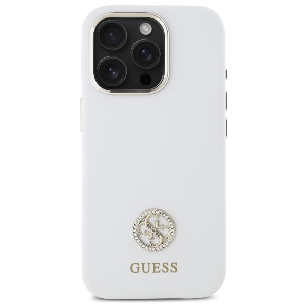 Guess iPhone 16 Pro vāciņš Silicone Logo Strass 4G, balts
