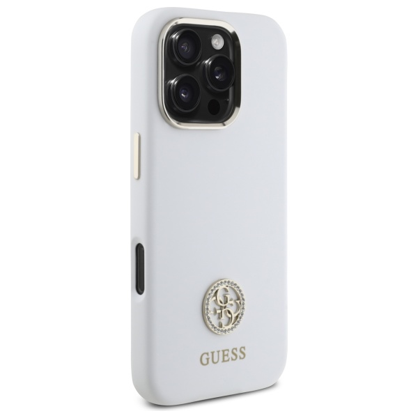 Guess iPhone 16 Pro vāciņš Silicone Logo Strass 4G, balts