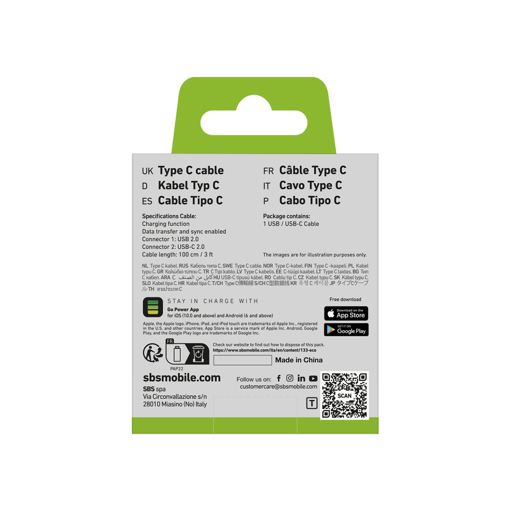 SBS USB-A - USB-C kabelis 1m, melns