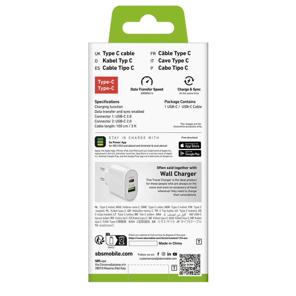 Sbs USB-C uz USB-C kabelis Power Delivery 25W, 1m, balts