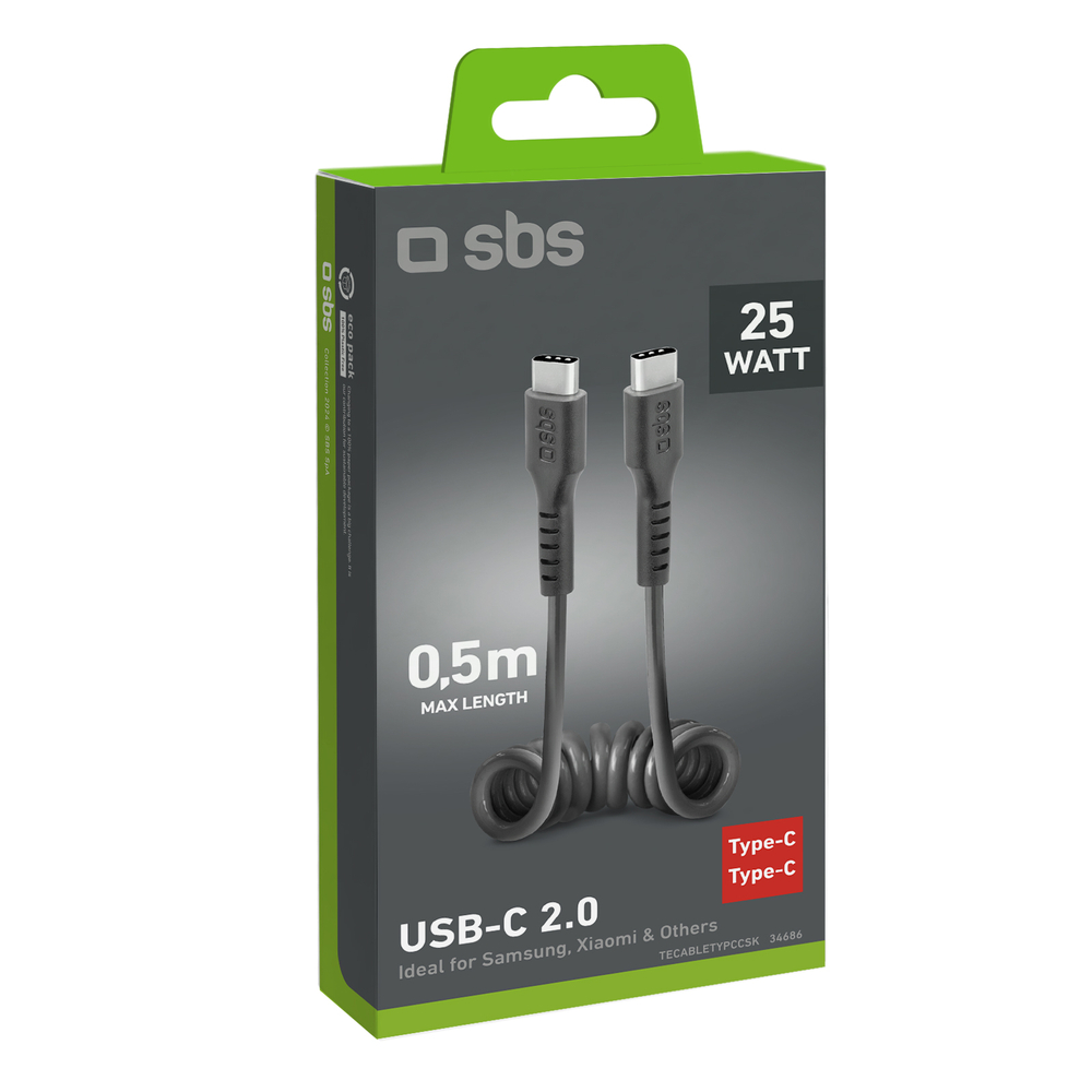 SBS spirālveida USB-C uz USB-C kabelis, 0.5m, melns
