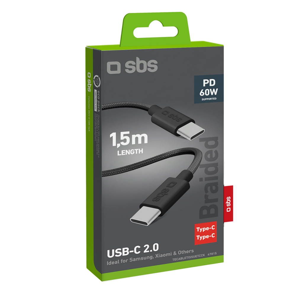 SBS USB-C uz USB-C kabelis 1.5m 60W, pīts, melns