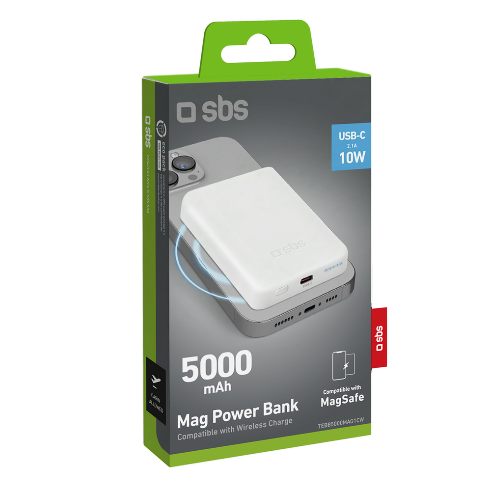 Sbs 5000 mAh ārējais akumulators ar MagSafe atbalstu, balts