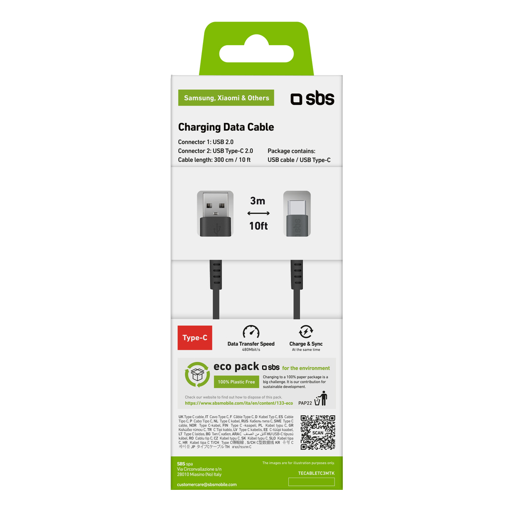 Sbs USB-A uz USB-C kabelis 3m, melns