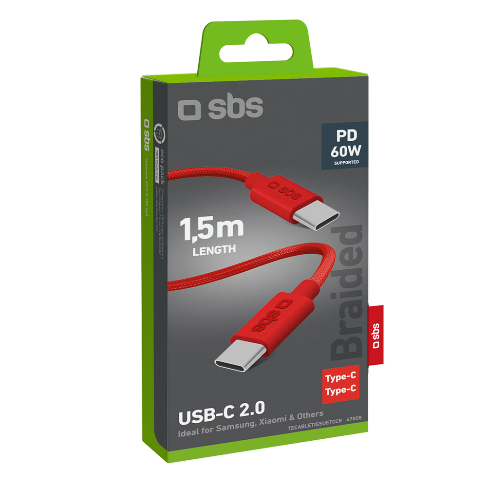 Sbs USB-C uz USB-C kabelis 1.5m 60W ar auduma pinumu, sarkans