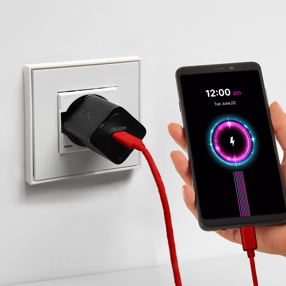 Sbs USB-C uz USB-C kabelis 1.5m 60W ar auduma pinumu, sarkans
