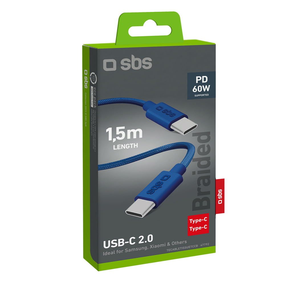 SBS USB-C uz USB-C kabelis 1.5m 60W Power Delivery, zils