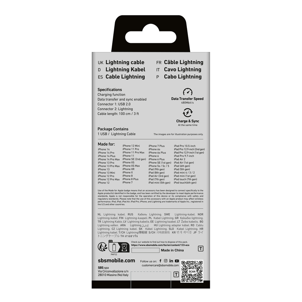 Sbs USB-A - Lightning kabelis (1m) MFi, balts