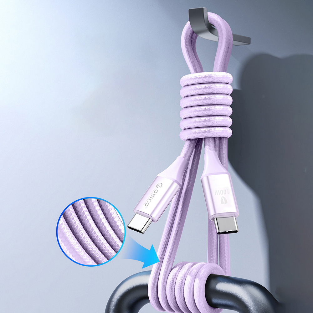 USB-C ar 1 m 5A 100 W kabeli - violets | to 1m 100W cable purple