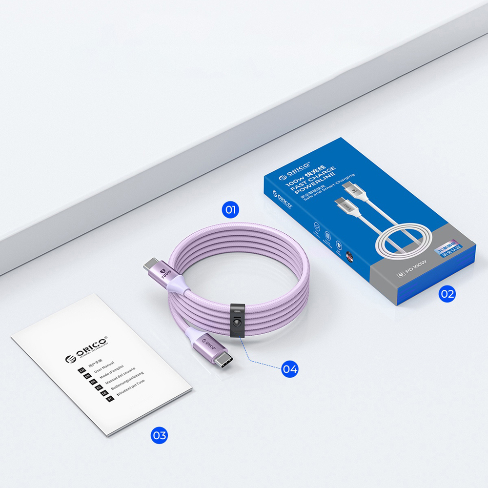 USB-C ar 1 m 5A 100 W kabeli - violets | to 1m 100W cable purple