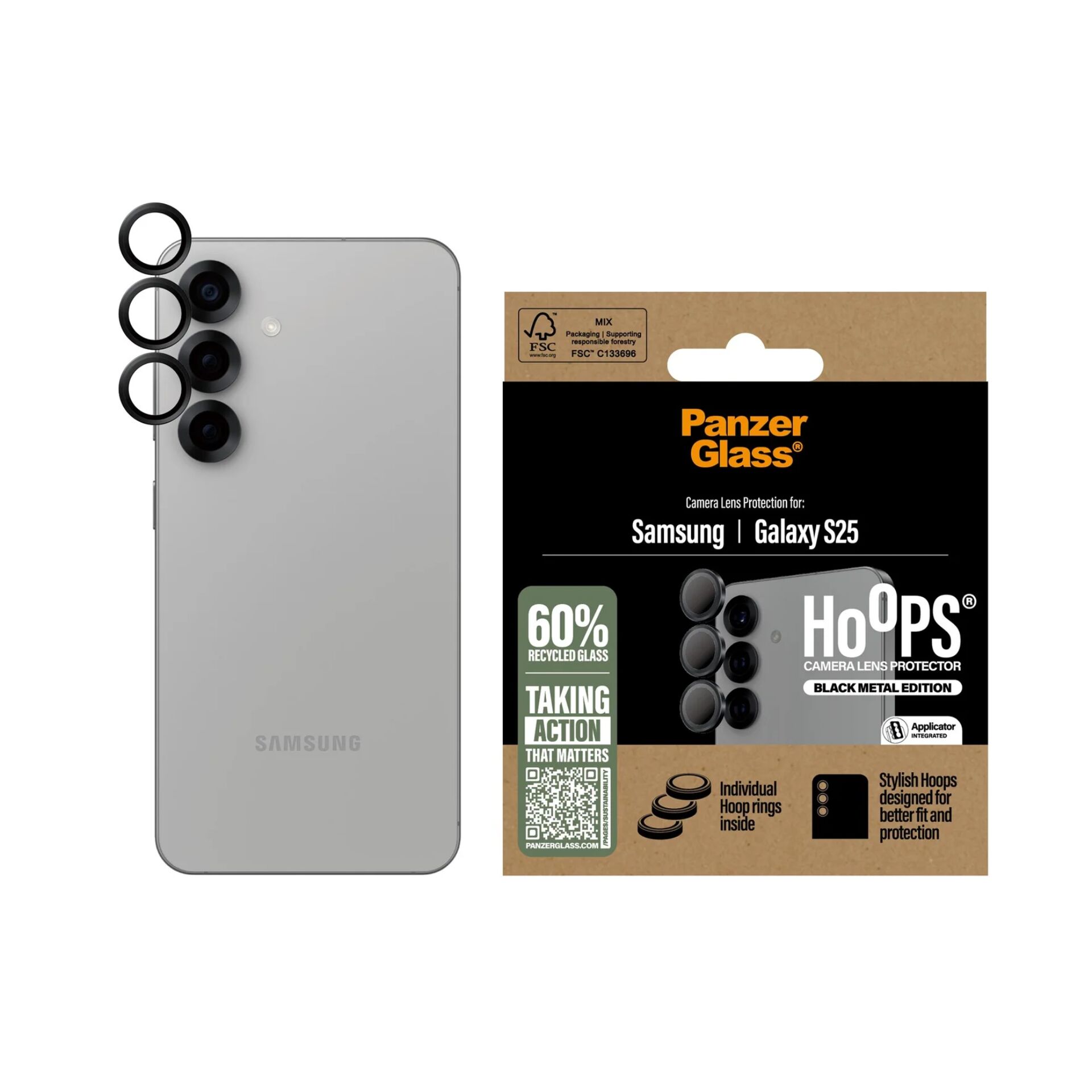 PanzerGlass Hoops aizsargstikls kameras lēcai Samsung Galaxy S25, melns