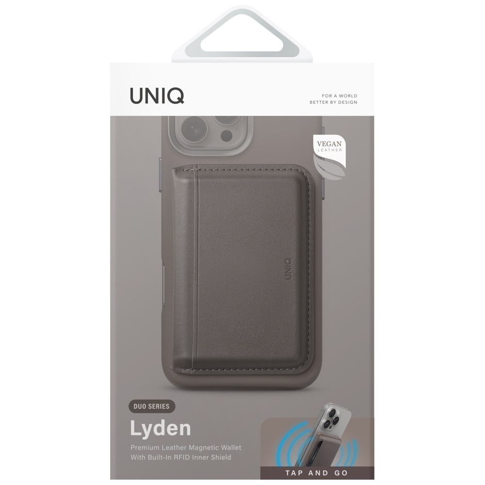 Uniq Lyden DS magnētisks karšu maciņš un statīvs ar RFID aizsardzību, pelēks