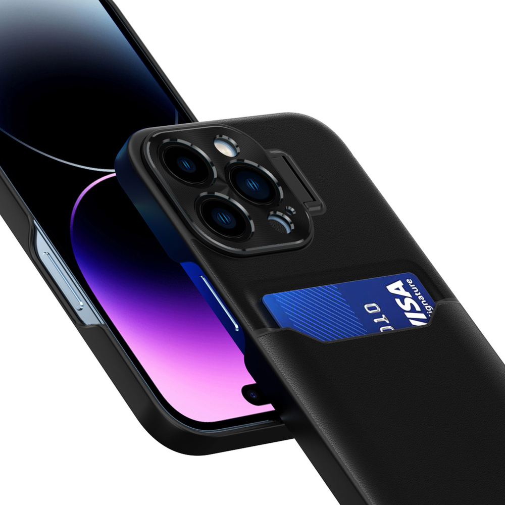 Hurtel Leather Stand vāciņš iPhone 14 Pro Max, Melns