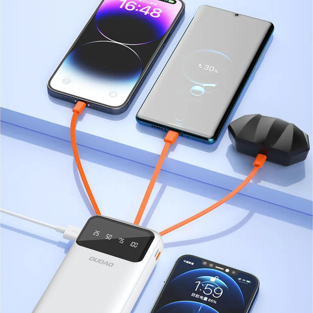 Dudao K6Pro+ 20000mAh ārējais akumulators ar 4 kabeļiem, balts