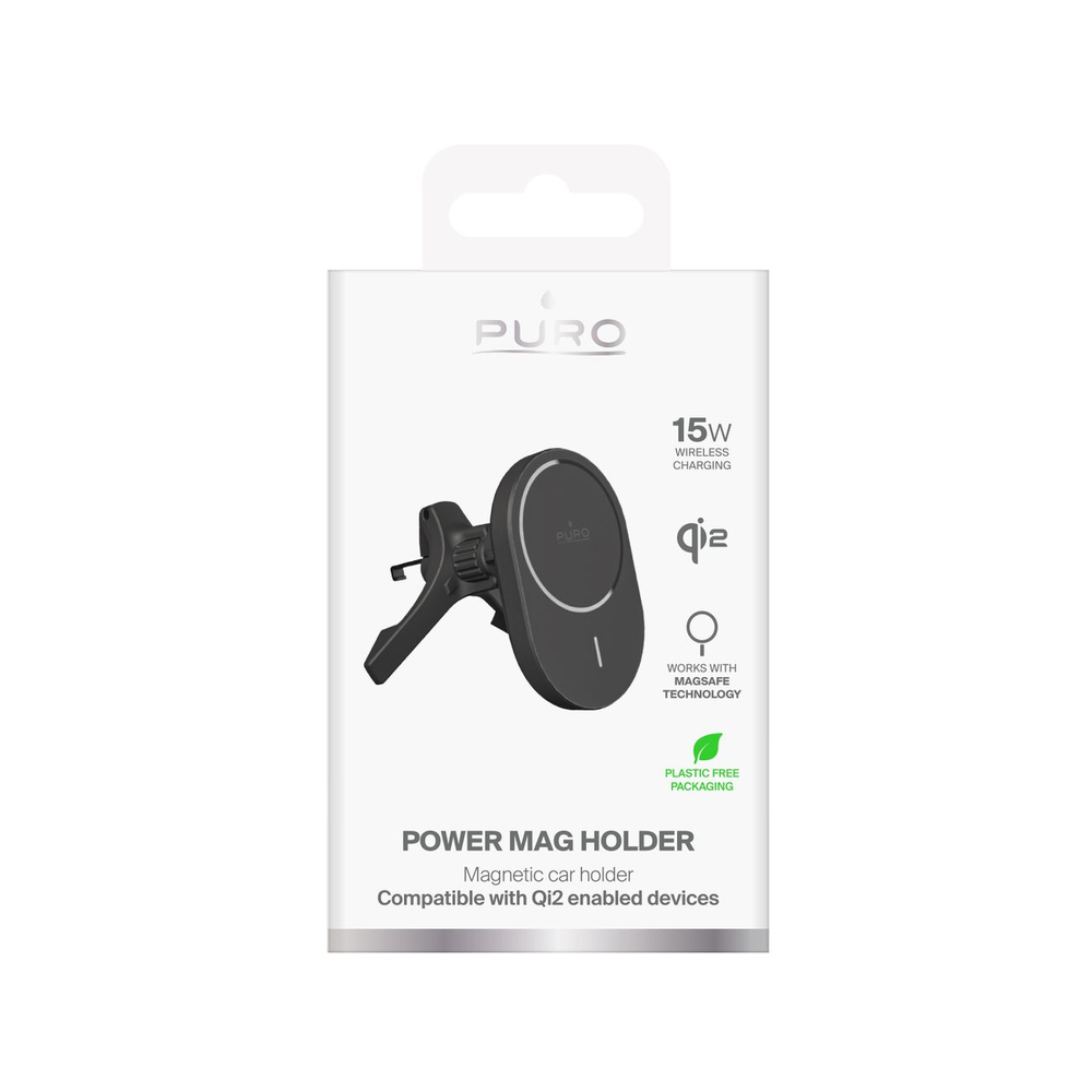 Puro automašīnas turētājs ar Qi2 bezvadu lādētāju, MagSafe saderīgs, melns