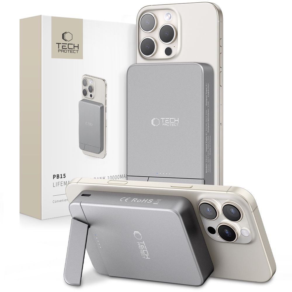 Tech-Protect PB15 LifeMag MagSafe ārējais akumulators 10000 mAh, pelēks