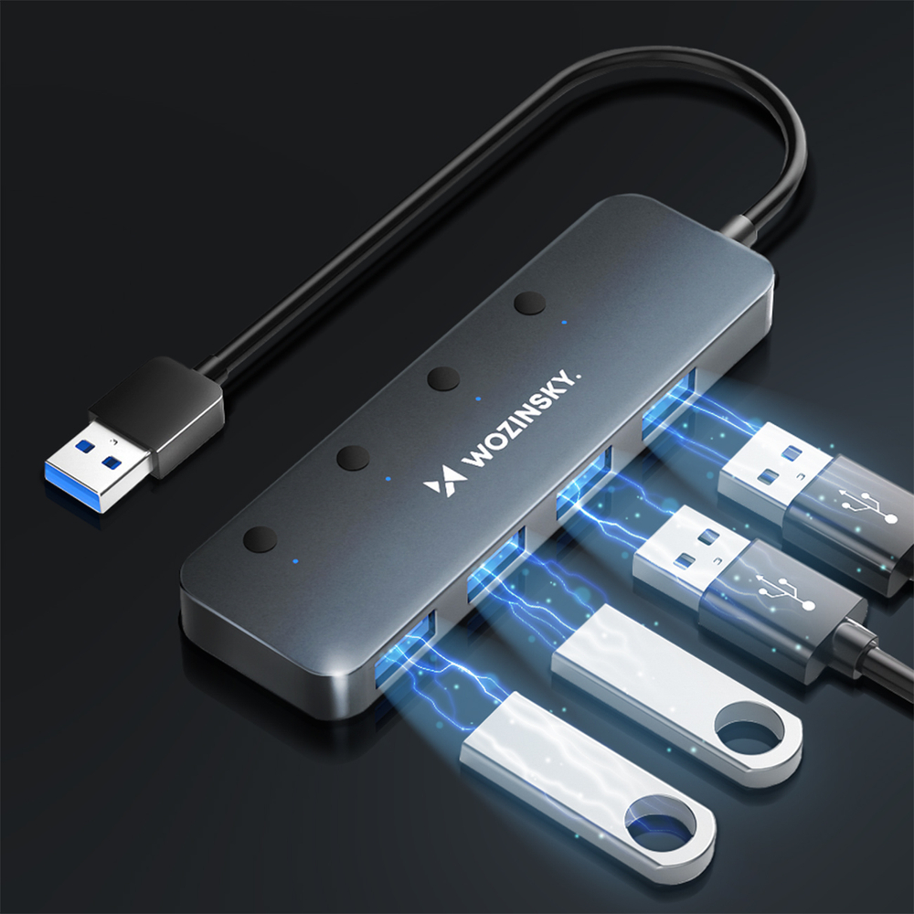 Wozinsky WHS080YSS 4 portu USB-A 3.0 centrmezgls ar slēdžiem - pelēks