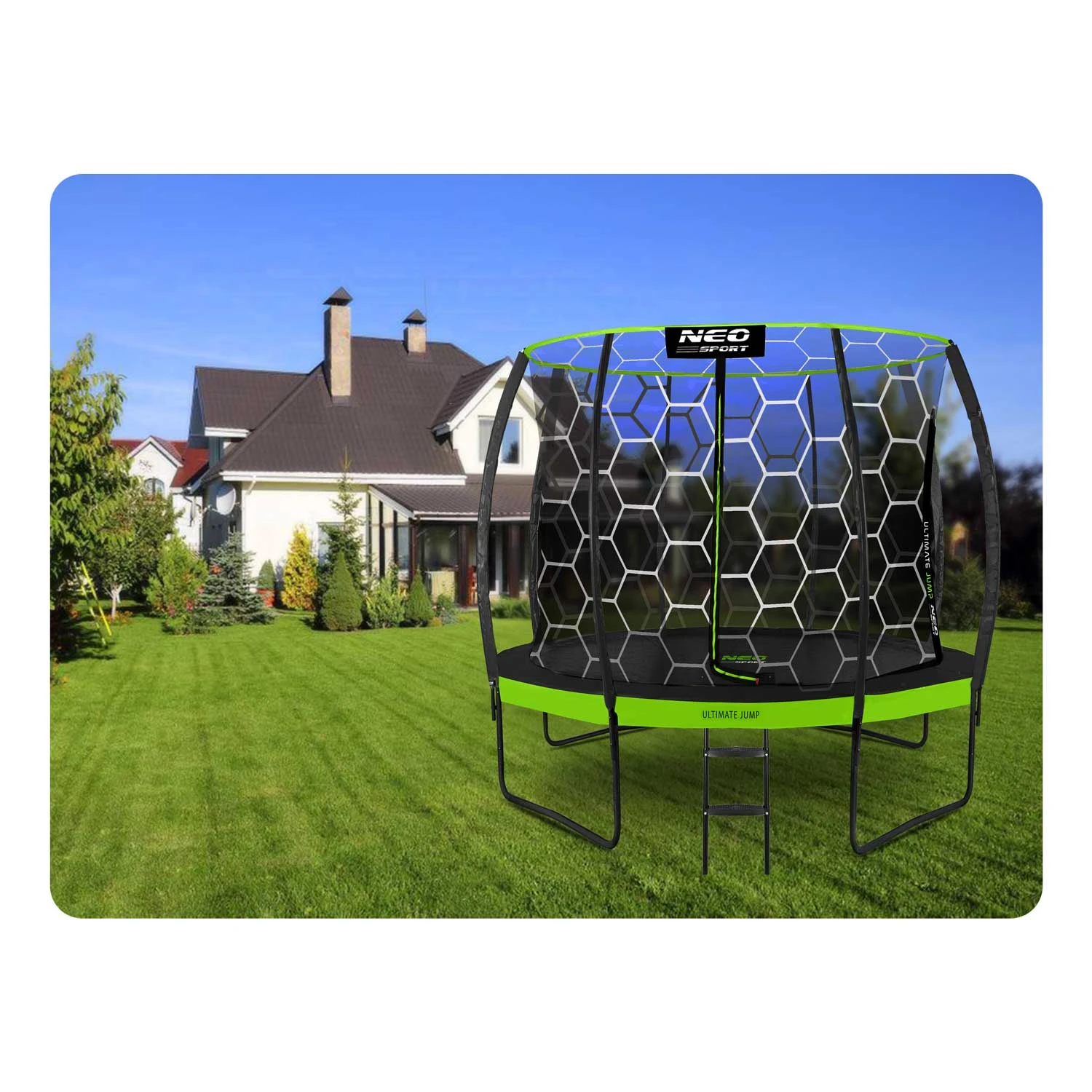 Neo-Sport NS-08C221 dārza batuts ar iekšējo tīklu 252 cm (8ft), melns/zaļš