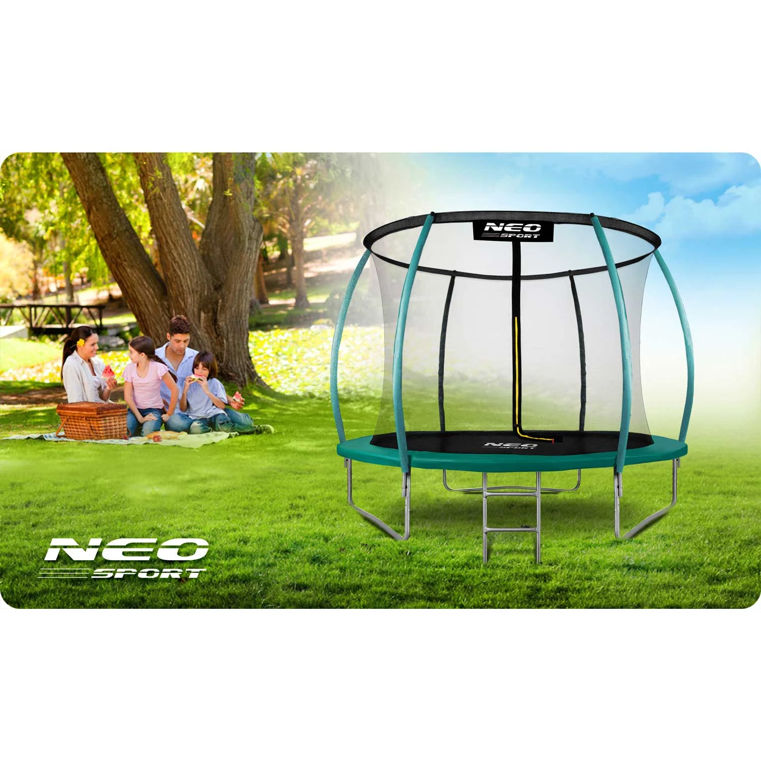 Neo-Sport NS-08C181 dārza batuts 252 cm ar iekšējo tīklu un kāpnēm, zaļš