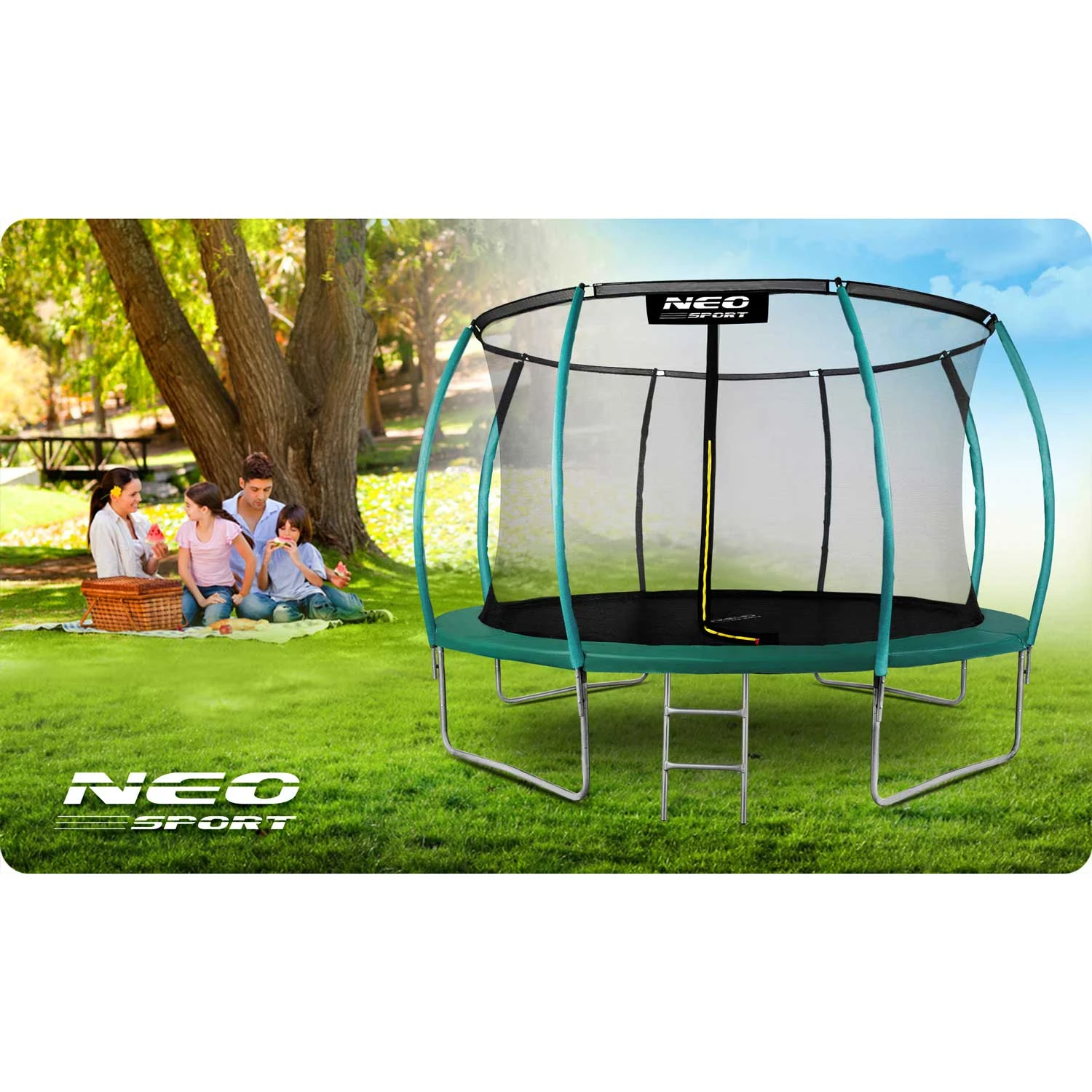 Neo-Sport dārza batuts ar iekšējo tīklu 374 cm (12ft), zaļš