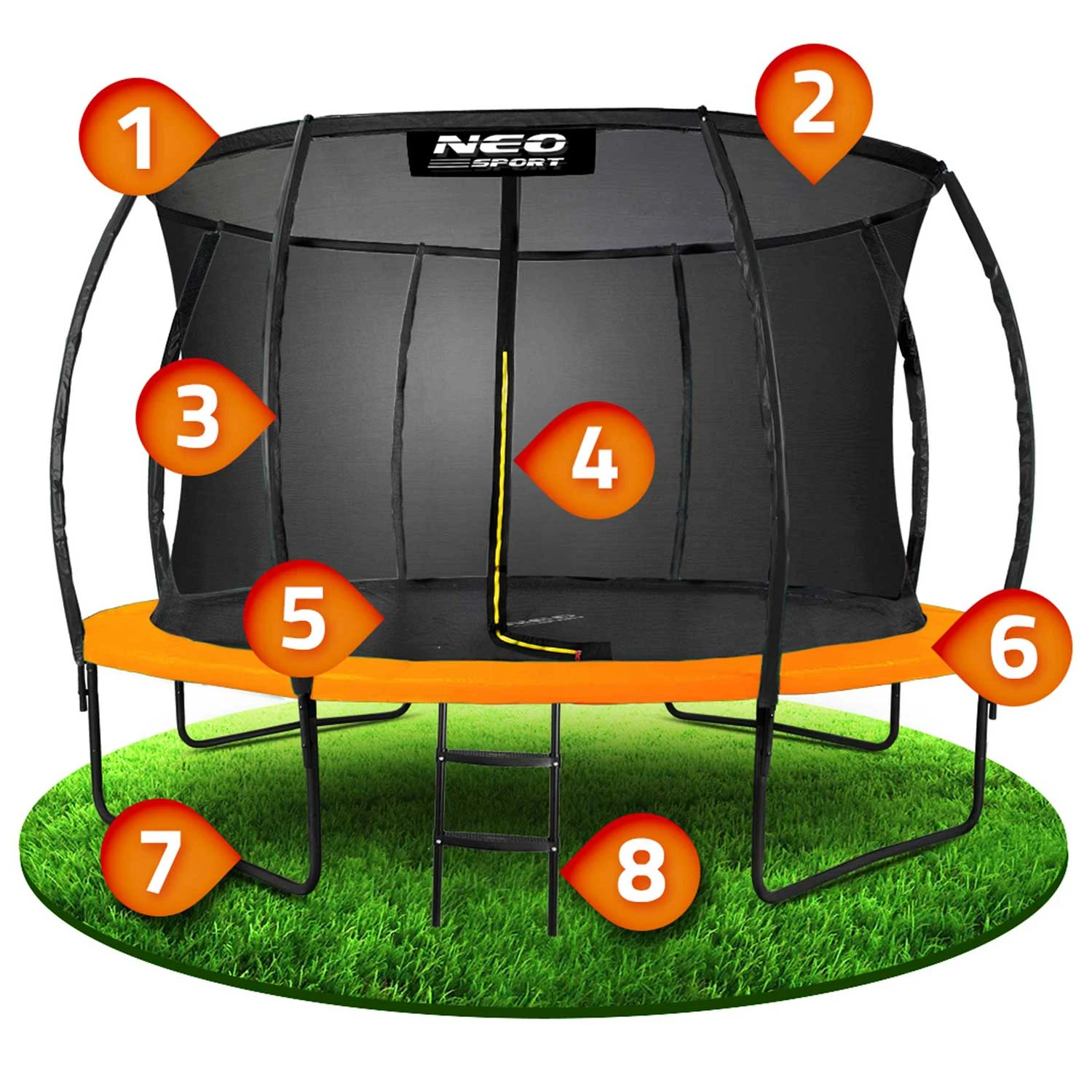 Neo-Sport NS-12C201 dārza batuts ar iekšējo tīklu 374 cm (12ft), oranžs