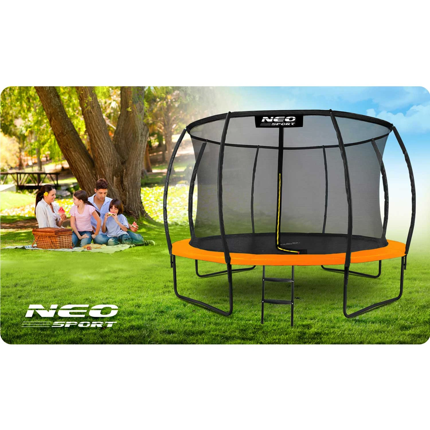 Neo-Sport NS-12C201 dārza batuts ar iekšējo tīklu 374 cm (12ft), oranžs