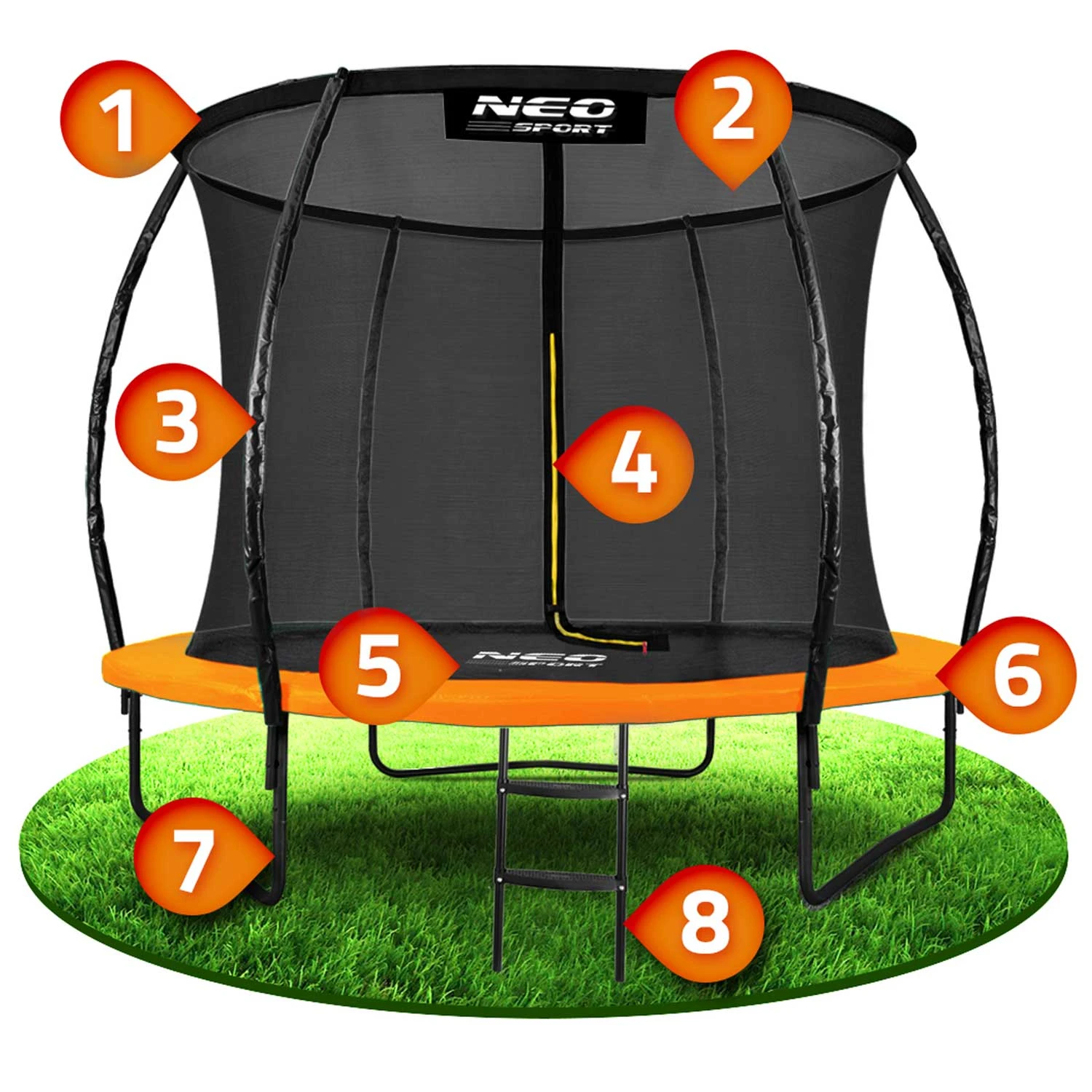 Neo-Sport NS-08C201 dārza batuts ar iekšējo tīklu 252 cm (8ft), oranžs