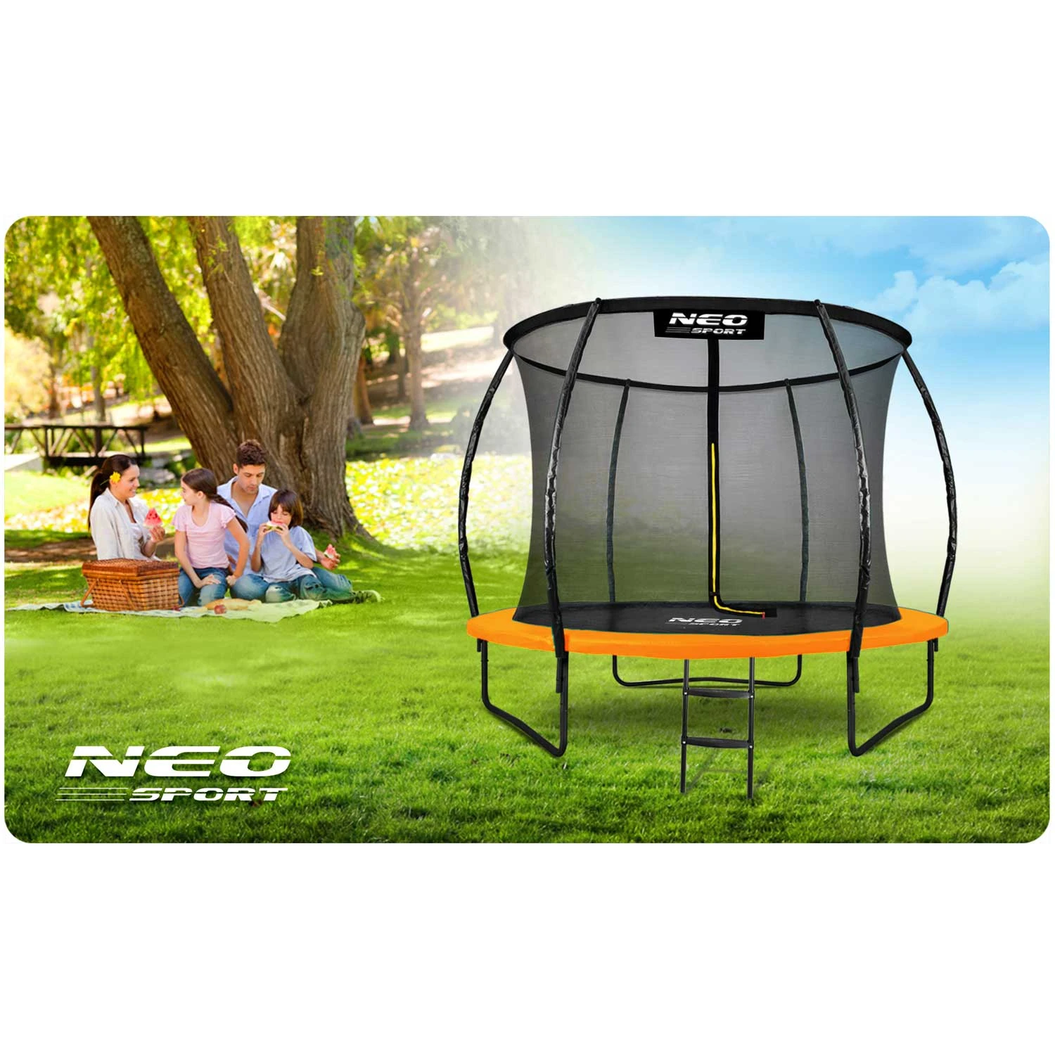 Neo-Sport NS-08C201 dārza batuts ar iekšējo tīklu 252 cm (8ft), oranžs